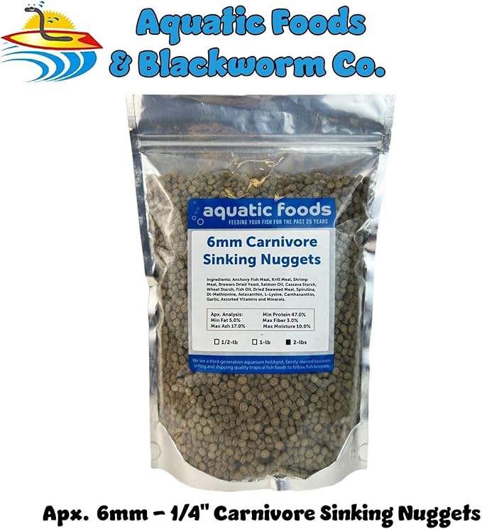 Aquatic Foods Inc. 6mm - 1/4" Carnivore Sinking Pellets for Carnivore Cichlids, Catfish, Monster Fish, Bottom Grazers, All Medium to Large, Also Koi & Pond Fish. - WL…2-lbs Foil Pouch Bag