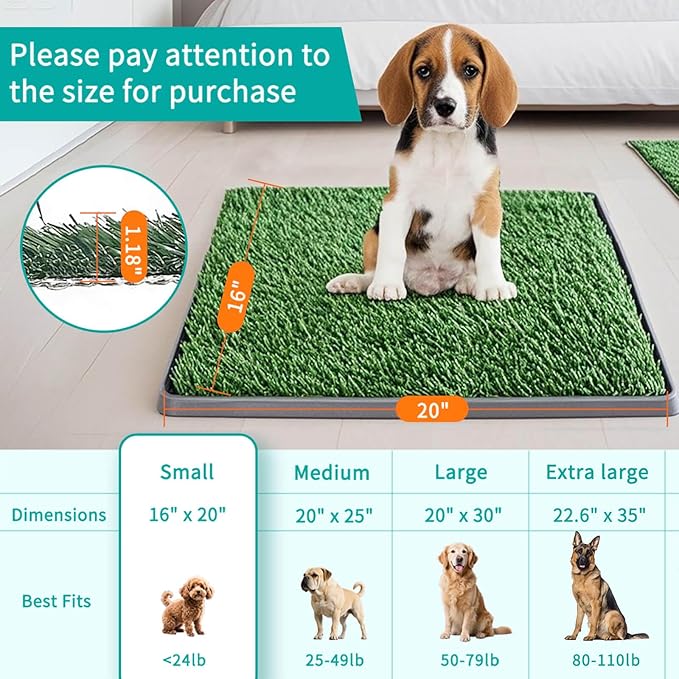 Artificial Grass Pad with Tray - 16"x20" Dog Potty for Puppy Training - with 2 PCS Reusable Replacement Fake Grass Pee Pads, Indoor/Outdoor Small Dog Litter Box for Apartment or Balcony/Patio