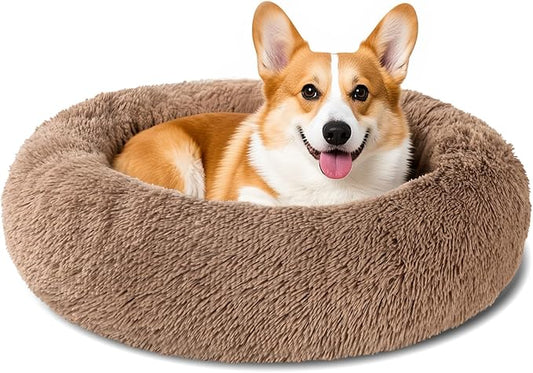Dog Calming Beds for Small Medium Large Dogs - Round Donut Washable Dog Bed, Anti-Slip Faux Fur Fluffy Donut Cuddler Anxiety Cat Bed(28" Khaki