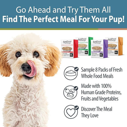 JustFoodForDogs Pantry Fresh Dog Food Variety Pack, Complete Meal or Topper, Beef, Chicken, Turkey, & Lamb Human Grade Recipe - 12.5 oz (Pack of 8)