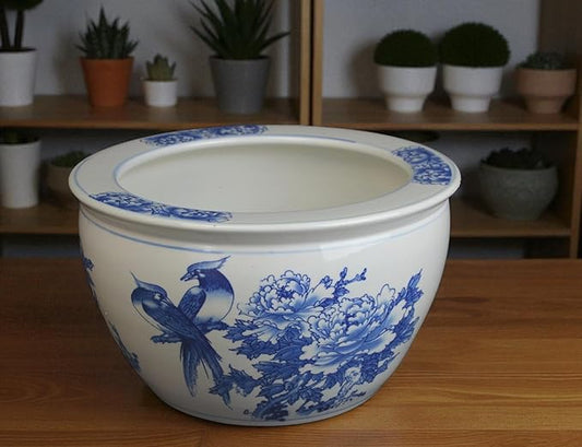 16" Porcelain Blue and White Fishbowl. Fish Bowl Flower Chinese (Blue Flower)