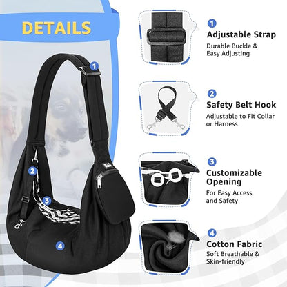 Lukovee Pet Sling, Hand Free Dog Sling Carrier Adjustable Padded Strap Tote Bag, Shoulder Bag with Front Pocket Safety Belt Carrying Small Dog Cat Puppy Machine Washable (Black-WY,S)