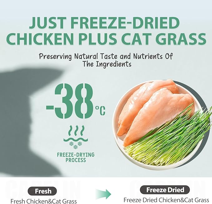 Freeze Dried Cat Grass Treats, Tasty Chicken Flavor, Cat Chew Treats for Dental Cleaning and Hairball Control, Fresh Breath & Healthy Digestion, High Protein & Grain Free Snacks