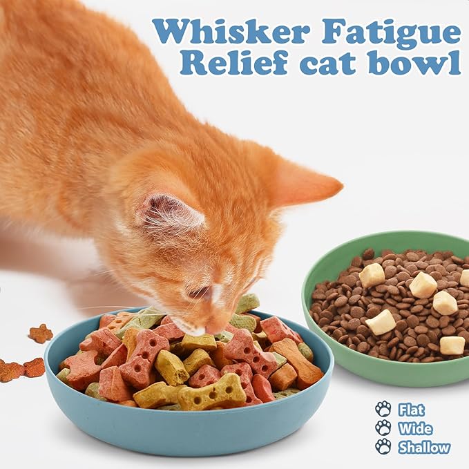 Tioncy 24 Pcs Fatigue Relief Cat Bowl 5.5 Inch Shallow Cat Food Dish Wide and Small Pet Wet Plate Wide Stray Wet Feeding Bowl for Ferrets Feral Short Legged Kitten, Wheat Straw(Blue,Green,Classic)