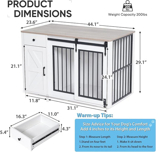 Verano Garden 44" Dog Crate, 2-in-1 Furniture-Style Dog Crate with Storage Drawer & Cabinet, Heavy Duty Dog Kennel Dog Cage Indoor for Small Medium Dogs, White (44" Left Facing Door)