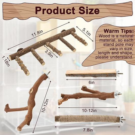 Bird Ladder Perches for Cage, Pole Standing Natural Wood Birds Perch Set, Climbing Chewing Toys, Paw Grinding Fork Parrot Cage Branch with Rope for Macaw Budgie Lovebirds