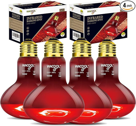 WACOOL 4 Pack Reptile Heat Lamp Bulbs,100W Infrared Basking Spot Light for Reptiles & Amphibians, Red Heat Lamp Bulb for Bearded Dragon Gecko Turtle Lizard (75, Watts)…