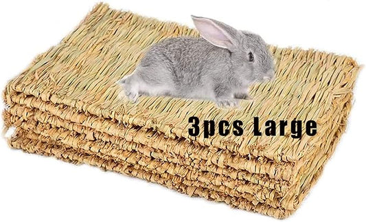 Grass Mat Woven Bed Mat for Small Animal 3PCS Large Bunny Bedding Nest Chew Toy Bed Play Toy for Guinea Pig Parrot Rabbit Bunny Hamster Rat