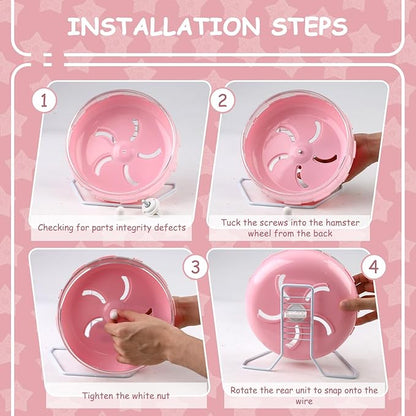 Pink 8.4" Silent Hamster Wheel with Height-Adjustable Stand, Quiet Spinning Hamster Exercise Wheels, Small Animal Chinchilla Running Toys Cage Accessories for Gerbils Mice Rats (Pink)