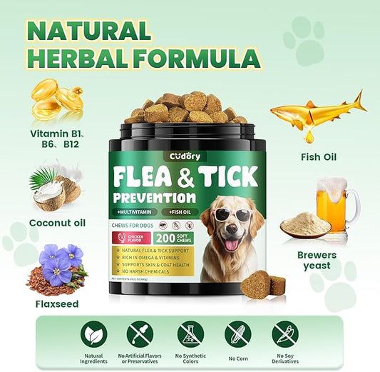 Flea and Tick Prevention for Dogs, 200 Natural Soft Chewables Flea and Tick Support with Vitamins & Fish Oil, Oral Flea Chews Supplement for Dogs -All Breeds, Puppy to Senior Dog, Chicken Flavor