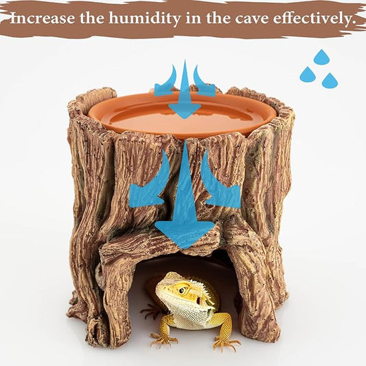 Reptile Hide Cave Resin – Moisture Keeping Reptile Shelter with Clay Water Basin for Leopard Gecko, Snake, Lizard, Amphibians – Humidifying Help Shedding & Natural Habitat Design,2in1