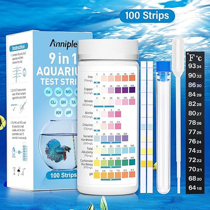 9 in 1 Aquarium Test Strips - 100 Strips Aquarium Water Test Kits for Freshwater Saltwater - Testing for Iron, Copper, Nitrite, Nitrate, pH, GH & KH, Chlorine, Total Alkalinity