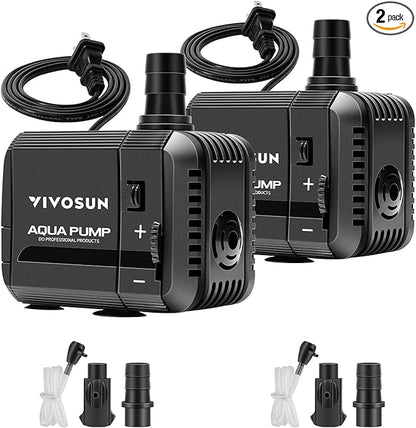 VIVOSUN 2-pack 210GPH Submersible Pump(800L/H, 8W), Ultra Quiet Water Pump with 3.3ft High Lift, Fountain Pump with 5ft Power Cord, 2 Nozzles for Fish Tank, Pond, Aquarium, Statuary, Hydroponics