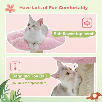 PETEPELA Cat Scratching Post, Mushroom Cat Scratcher Cute Cat Tree Tower with Thick Scratching Post & Removable Flower Cats Bed [Dia=15.7''], Tall Post for Kittens and Indoor, Pink