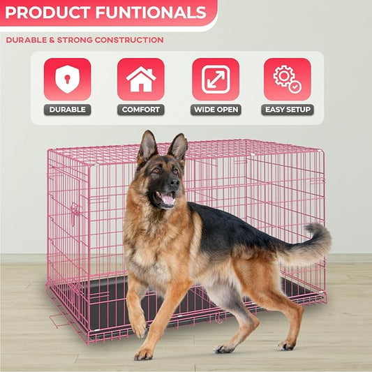 FDW Dog Crate for Large Dogs 42 Inch Folding Metal WirePet Cage Double Door W/Divider Panel Indoor Outdoor Kennel Leak-Proof Plastic Tray,Pink