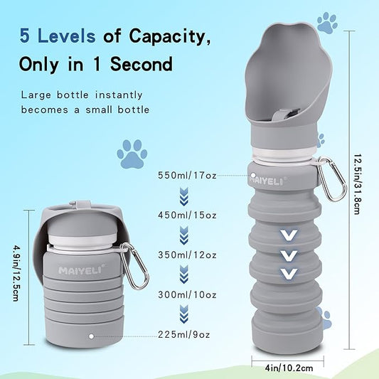 Dog Water Bottle Collapsible & Portable Squeeze, 9oz-17oz Water Dispenser & Folding Bowl,5 Levels Capacity in 1,Carabiner Clip,100% Food-Grade Silicone, Outdoor Walking,Hiking,Travel