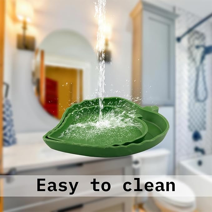 KABASI 2PCS Leaf Reptile Water Dish with Tweezers, Reptile Habitat Accessories Food Bowl, Pet Feeding Plate for Tortoise Corn Snake Bearded Dragon Snake Lizard Drinking and Eating, 2 Sizes