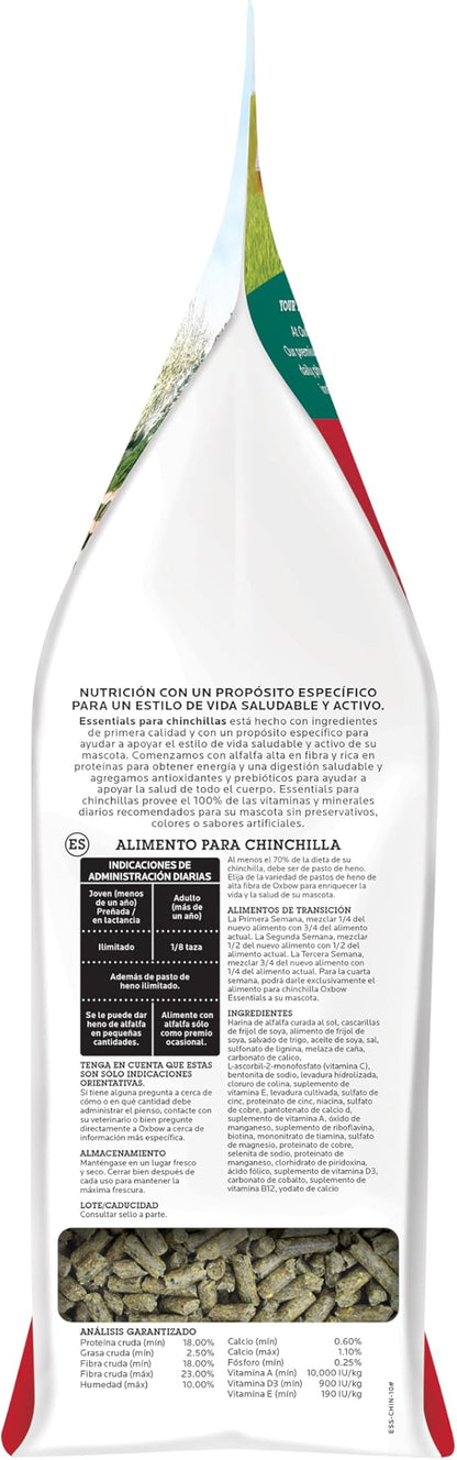 Oxbow Essentials Chinchilla Food, Made with Oxbow Alfalfa, Vitamin & Mineral Rich Food for Chinchillas, Small Animal Pet Pellets, Made in USA, High Fiber, 10 lb Bag