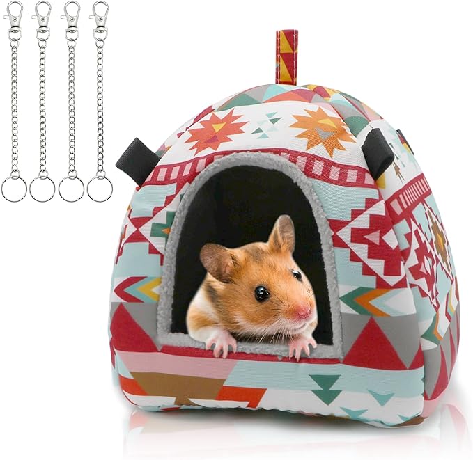 Hamster Tent Bed Winter Warm Hammock Sleeping Bed for Gerbil Rat Sugar Glider Squirrel Hedgehog Small Birds (M, Pink Ethnic)