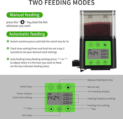 Automatic Fish Feeder for Aquarium with Timer, LCD Display 320ML Large Capacity Adjustable Fish Dispenser, Operated Feeders for Goldfish, Turtle for Vacation, Weekend or Daily Use(Green)