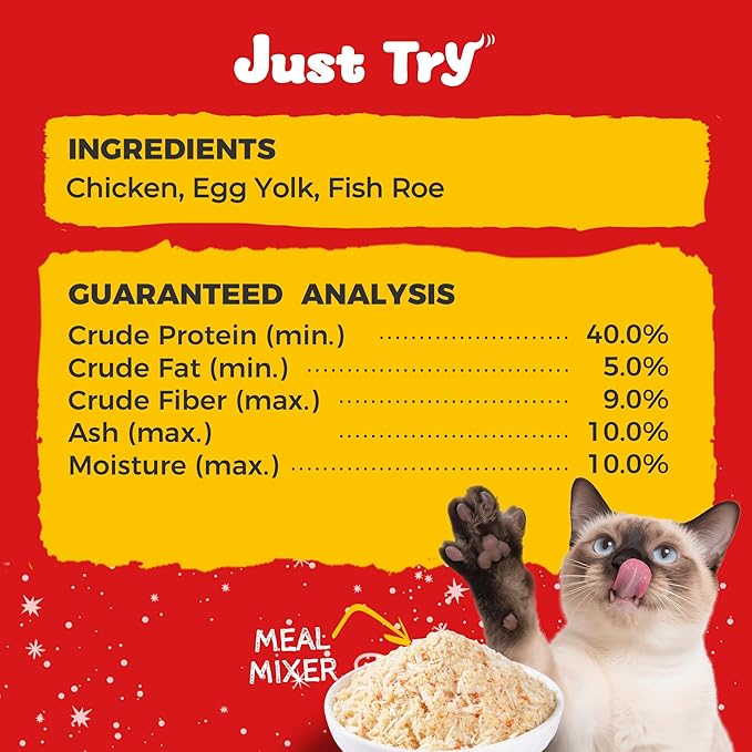 Just Try 8 OZ Fish Roe Freeze Dried Cat & Dog Food Toppers Mixers Grain Free Cat Treats for Indoor Cats Low Calorie Real Chicken Egg Yolk Omega 3 Supports Skin & Coat Health