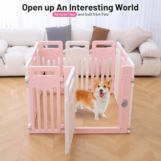 Dog Playpen Clear Fence Pet Puppy Cat Small Play Pen Indoor Foldable Kennel Whelping Box for Dogs with Gate (Pink + White, 10 Panels+1 Door)