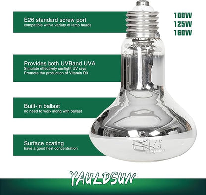 160W UVB UVA Reptile Basking Heat Light Bulbs UV Sun Lamp for Bearded Dragon Lizard Tortoise Turtle Amphibian 1 Pack