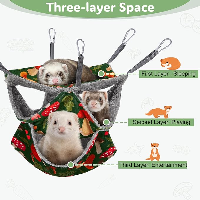 Glittme 3-Layer Ferret Hammock Soft Guinea Pig Hammock Washable Rat Hammock Hamster Cage Accessories Cozy Ferret Bed Toys for Small Animals Pet Sugar Glider