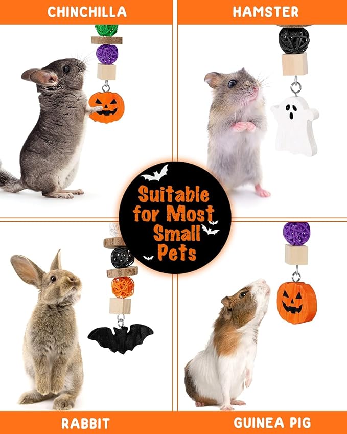 Xylolfsty 3PCS Chinchilla Toys Guinea Pig Bunny Rabbit Chew Toys Teeth Care Grinding Accessories for Small Animals Dwarf Pet Rat Cage Hanging Halloween-Themed