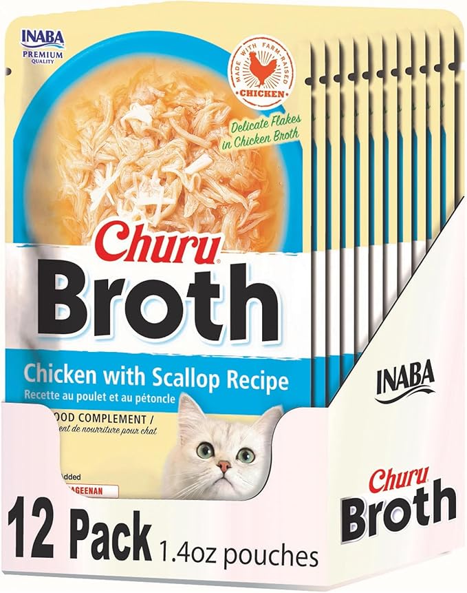 INABA Churu Broth for Cats, Side Dish Pouch, 1.4 Ounces per Pouch, 12 Pouches, Chicken with Scallop Recipe