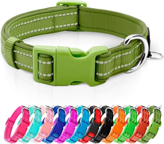 azuza Reflective Dog Collar, Soft Neoprene Padded Pet Collar with ID Tag Ring, Adjustable for Small Dogs,Army Green,S