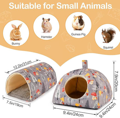 Bienbee Guinea Pig Hideout, Washable Rabbit Bed with Guinea Pig Tunnel, 2 Pack Guinea Pigs Toys Set Bunny Hideout Cage Accessories for Hamster Ferret Rabbits Bunny,Gray Mushroom