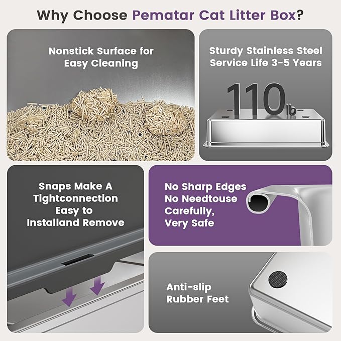 XXXL Stainless Steel Cat Litter Box with High Sides, 28" L x 20" W x 14" H Extra Large Litter Box for Big Cats and Multiple Cats, Enclosure Cat Litter Pan with Anti-Urine Leakage, Easy Clean