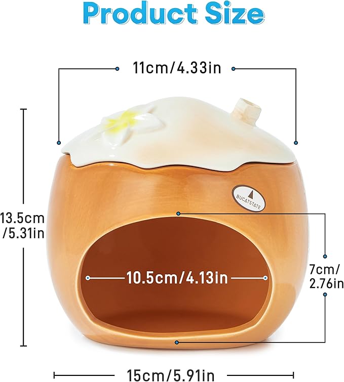 BUCATSTATE Hamster Hideout Ceramic, Coconut Shape Hamster House and Habitat for Dwarf Hamsters, Mice, Syrian Hamsters, Chipmunks or Other Small Pets (Brown-Large)