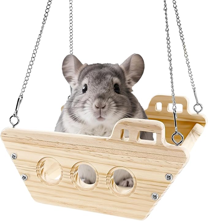 Natural Wood Chinchilla Toy Hammock for Cage Swing, Hanging Chinchilla Bed, Wooden Toys and Cage Accessories, Hut Ledges and Platforms for Indoor Habitat Enrichment