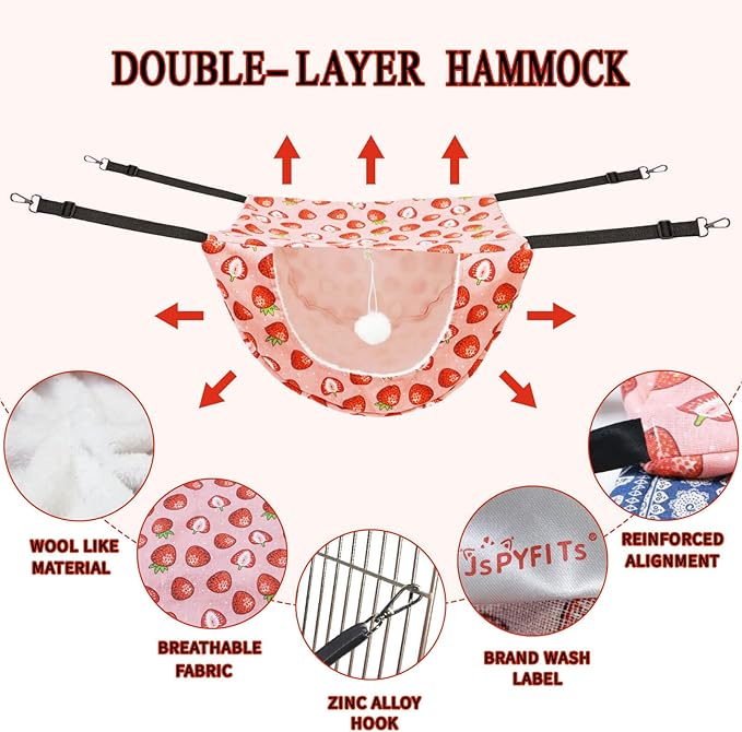 JSPYFITS Cat Cage Hammock with Ball,Double Layer Hanging Adjustable Soft Pet Bed Suit for Kitten Ferret Puppy Rabbit or Small Pet, 2 Level Indoor Bed for All Season(Pink Strawberries)