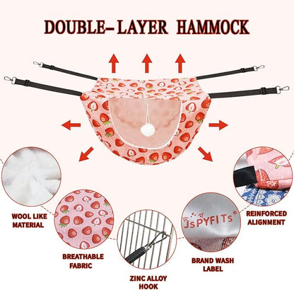 JSPYFITS Cat Cage Hammock with Ball,Double Layer Hanging Adjustable Soft Pet Bed Suit for Kitten Ferret Puppy Rabbit or Small Pet, 2 Level Indoor Bed for All Season(Pink Strawberries)
