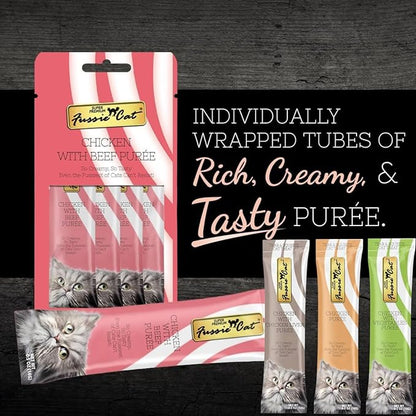 Fussie Cat Premium Puree Lickable Cat Treats in Chicken Puree, 4 Flavors, 4 Packs of 4-0.5oz Tubes (16 Total Tubes) +Lid