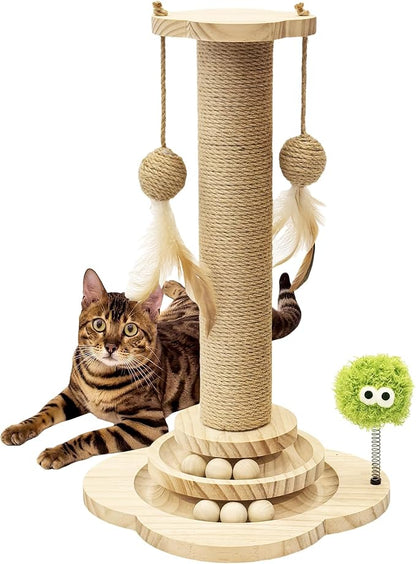 TINYBEAST Wooden Cat Scratching Post, 4 in 1 Cat Scratcher Toy with Cat Ball Tracks, 18" Tall Sisal Scratch Post for Indoor Kittens Adult Cats, Interactive Feather Toy and 2 Sisal Hanging Balls