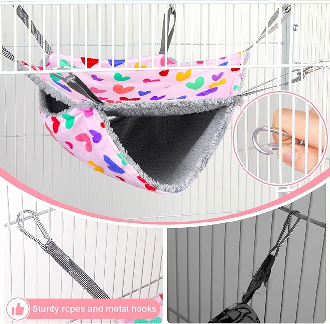 Bienbee 2 Pcs Ferret Rat Hammock Set for Cage Washable Guinea Pig Hideout Bed Soft Small Animal Hammock Tunnel Toys Ferret Cage Accessories for Hedgehog Sugar Glider Squirrel Hamster, Pink Hearts