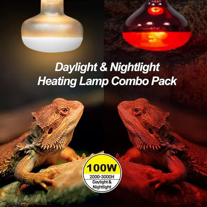 WACOOL 4Pack Reptile Heat Lamp Day & Night Kit 100W, Nature Simulated Basking Daylight & Nightlight UVA Heat Lamp Bulbs for Reptiles & Amphibians