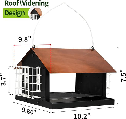 Solution4Patio Brown Roof Outdoors Hanging Bird Feeders, All Metal, Double Suet Cake and Large Capacity, Hopper Tray & Weatherproof for Finch, Cardinal & Chickadee
