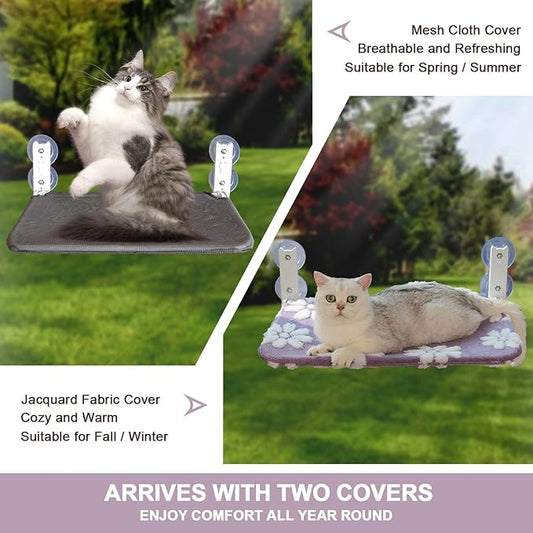 Cat Window Perch, Foldable Cat Window Hammock with Cute 3D Textured Flower Cover, Breathable Mesh Cover and Strong Suction Cups, Cordless Window Seat Bed for Indoor Cats (Purple, Medium)