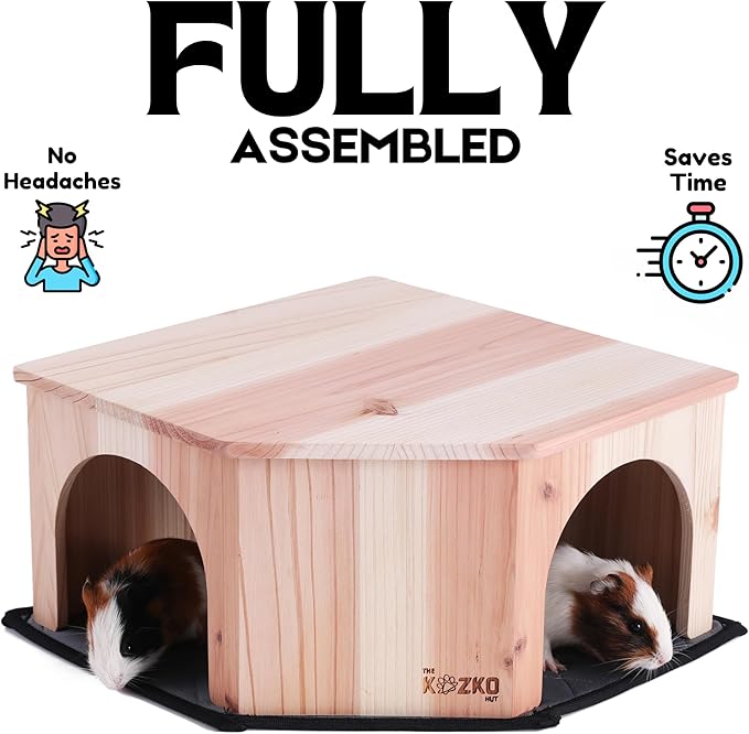 Wooden Guinea Pig Corner Hideout - Hidey for Chinchilla, Rat and Hedgehog with Pee Pad, Fully Assembled & Dual Entrances - Guinea Pig Accessories by The Kozko Hut