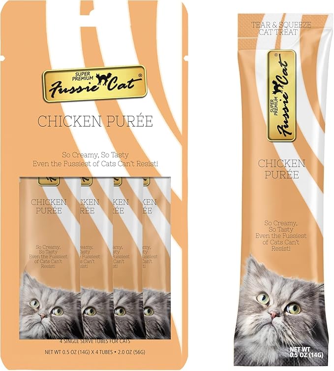 Fussie Cat Premium Puree Lickable Cat Treats in Chicken Puree, 4 Flavors, 4 Packs of 4-0.5oz Tubes (16 Total Tubes) +Lid