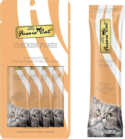 Fussie Cat Premium Puree Lickable Cat Treats in Chicken Puree, 4 Flavors, 4 Packs of 4-0.5oz Tubes (16 Total Tubes) +Lid