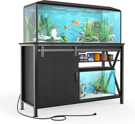 Aquarium Stand for Fish Tank: 40-50 Gallon Fish Tank Stand with Sliding Door - Heavy Duty Metal Aquarium Table with Power Outlet - 2-Tier Breeder Turtle Reptile Terrarium Stand for Home & Office