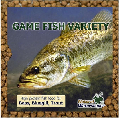 Natural Waterscapes Game Fish Food Variety | 40 lb Bulk Fish Food Pellets | Feed to Bass, Bluegill, Trout, Catfish, Tilapia