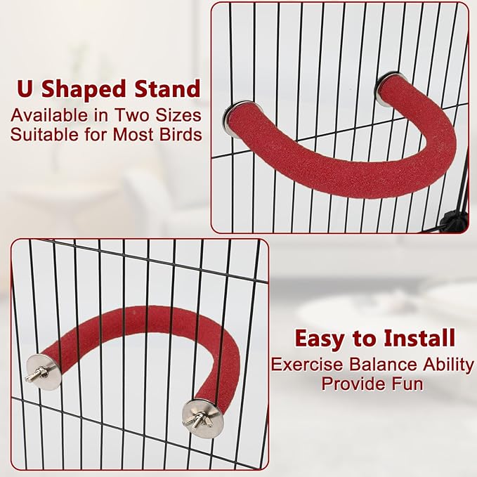 Rypet U Shape Parrot Perch Stand Toy for Paw Grinding Clean Stick Exercise, Rough-Surfaced Quartz Bird Perch Standing Cage Accessories for for Small Parakeets Cockatiels Conures Macaws Finches(Red)