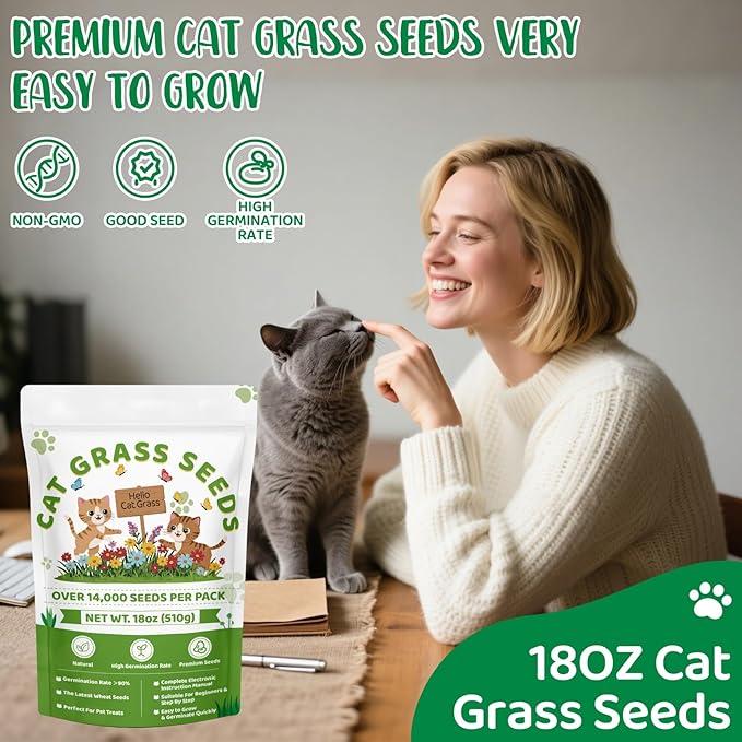 18oz Large Pack Cat Grass Seeds Bulk - Over 14000+ Premium Cat Grass for Indoor Cats & Pets, High Germination Rate & Easy to Grow, Non-GMO Wheat Grass Seed for Planting(510g)